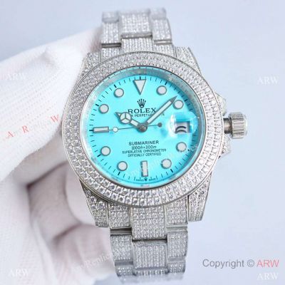 Double Diamond Bezel Baby Blue Dial Rolex Submariner Replica Watches Citizen 42mm